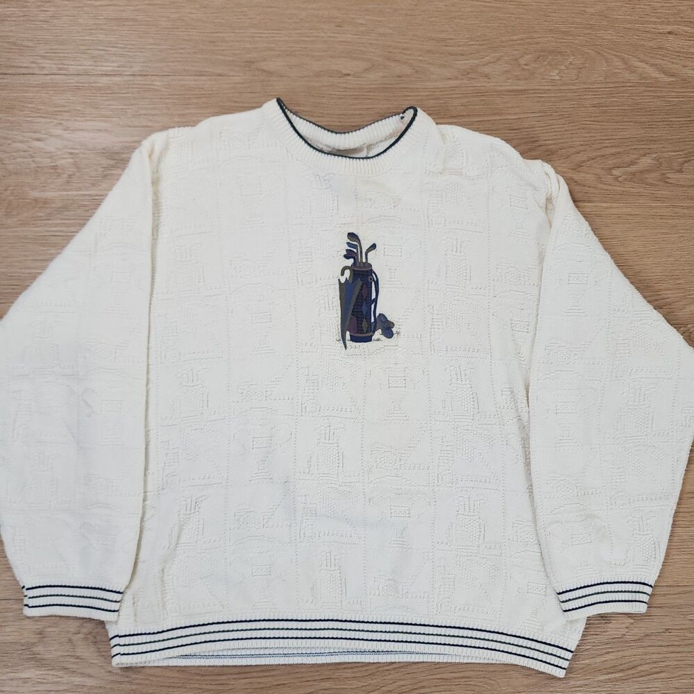 VTG Textured Cotton Golf Embroidered Sweater Adult L Ivory Chunky Knit Preppy